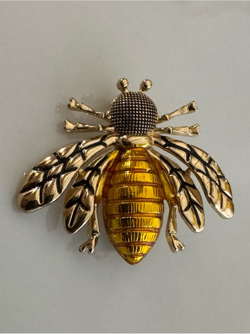 Gold Tone Amber Enamel Bee Statement Brooch